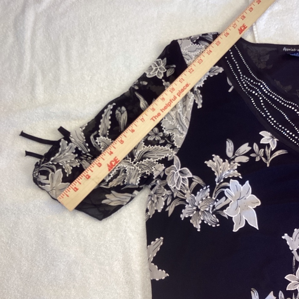 Appointments Black and Grey with Squines and Sparkle Button Floral Women's Top - Picture 7 of 10